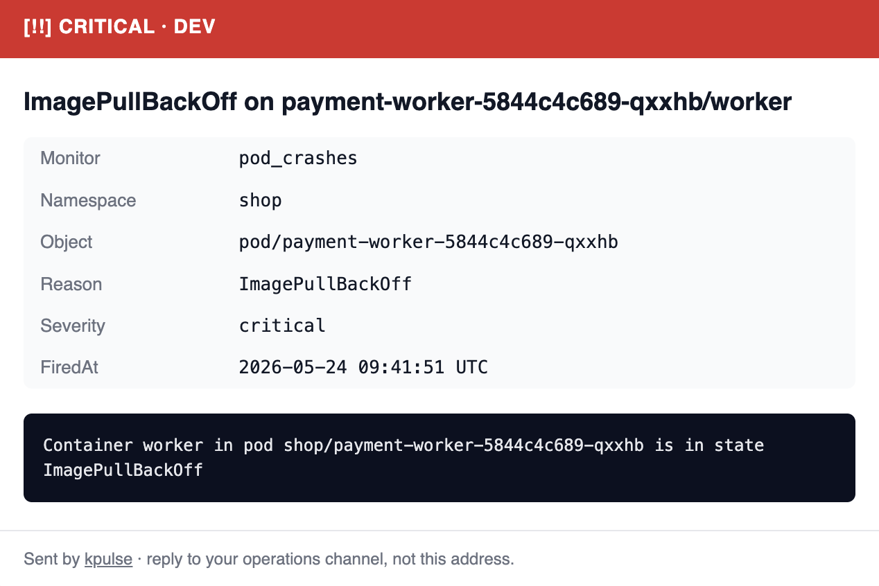 Example kpulse critical alert: OOMKilled on api-7d9f/server with container logs