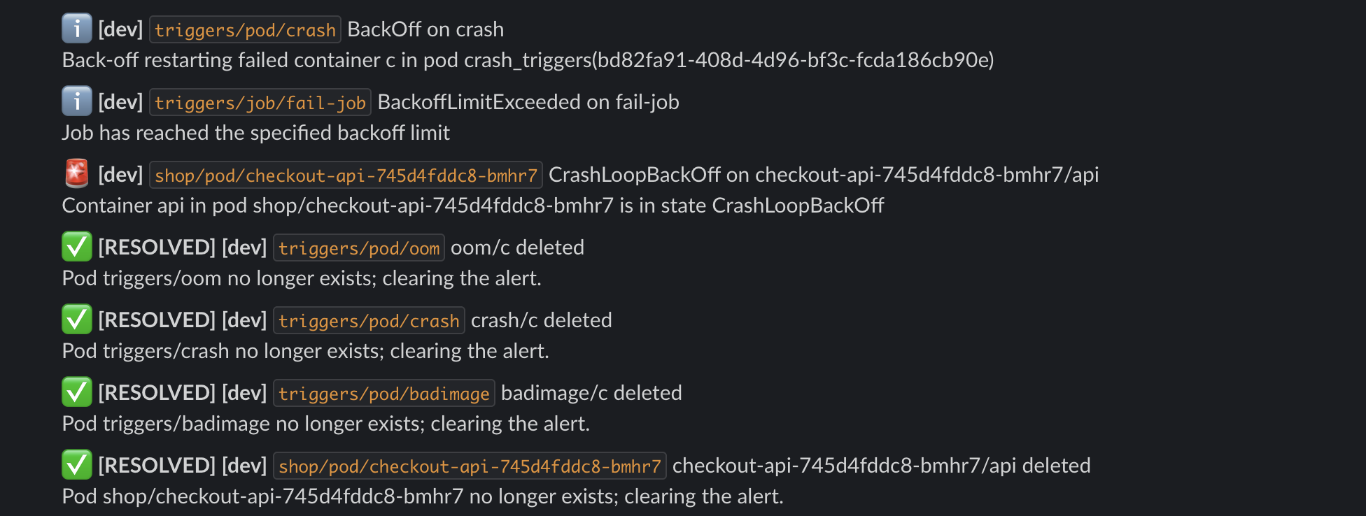 Example kpulse alerts in a Slack channel: BackOff, CrashLoopBackOff, and matching RESOLVED messages