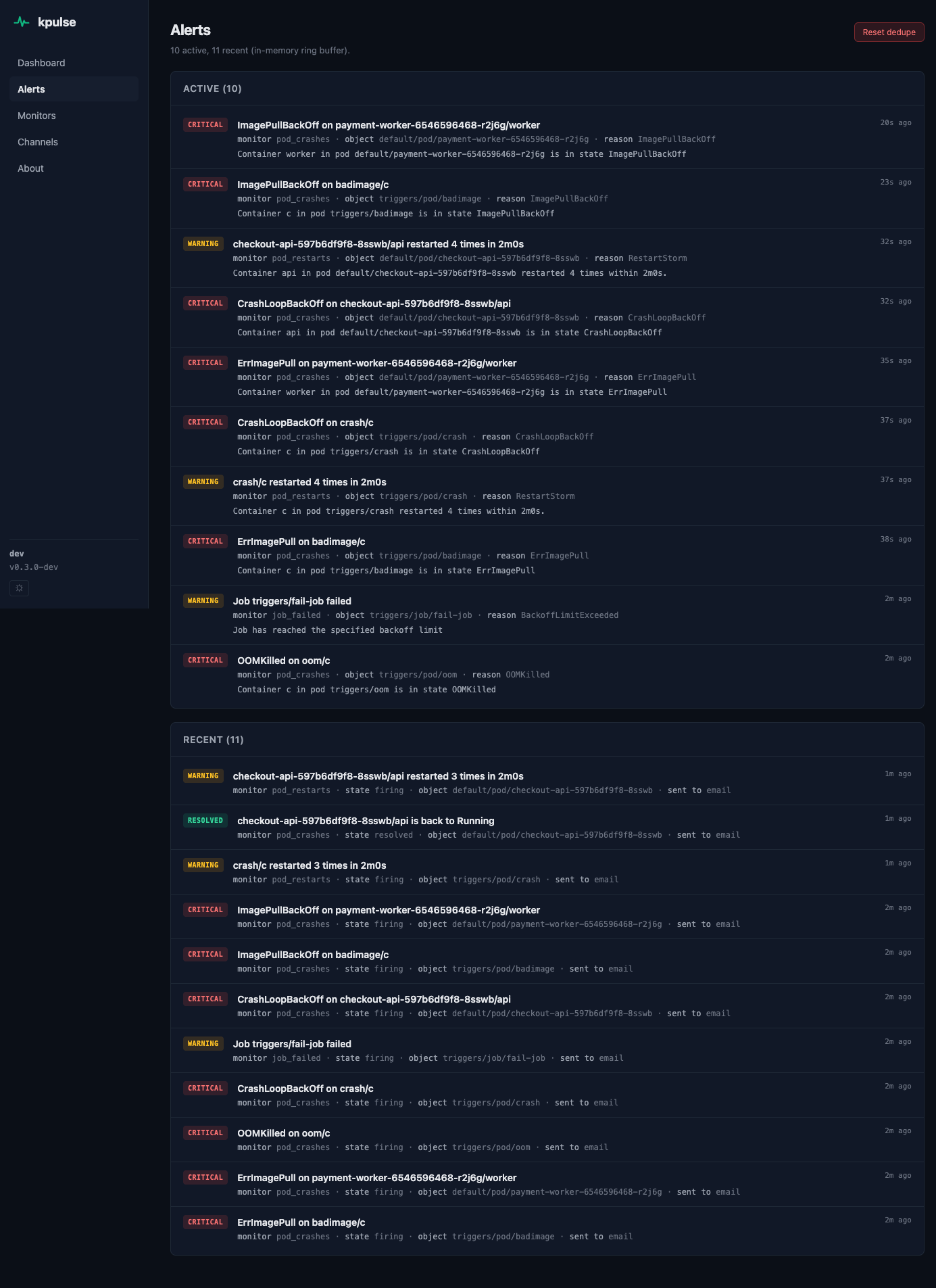 kpulse UI alerts page with active and recent panels
